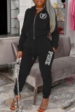 Coffee Casual Letter Print Patchwork Hooded Collar Long Sleeve Two Pieces