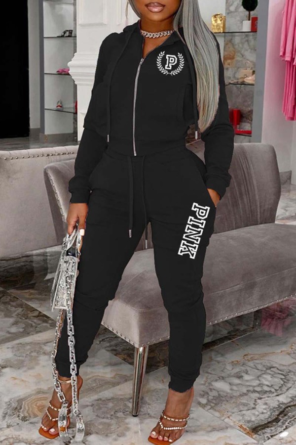 Black Casual Letter Print Patchwork Hooded Collar Long Sleeve Two Pieces