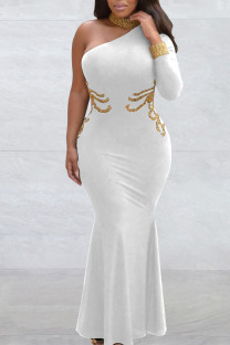 White Elegant Solid Patchwork Hot Drill Oblique Collar Long Dress Dresses