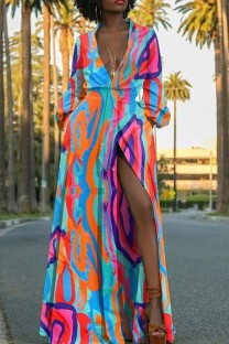 Colour Casual Print Solid Patchwork V Neck Long Sleeve Dresses