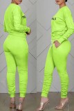 Fluorescent Green Casual Print Fold Letter O Neck Long Sleeve Two Pieces