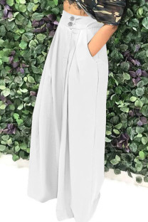 White Casual Solid Patchwork Fold Straight High Waist Wide Leg Solid Color Bottoms