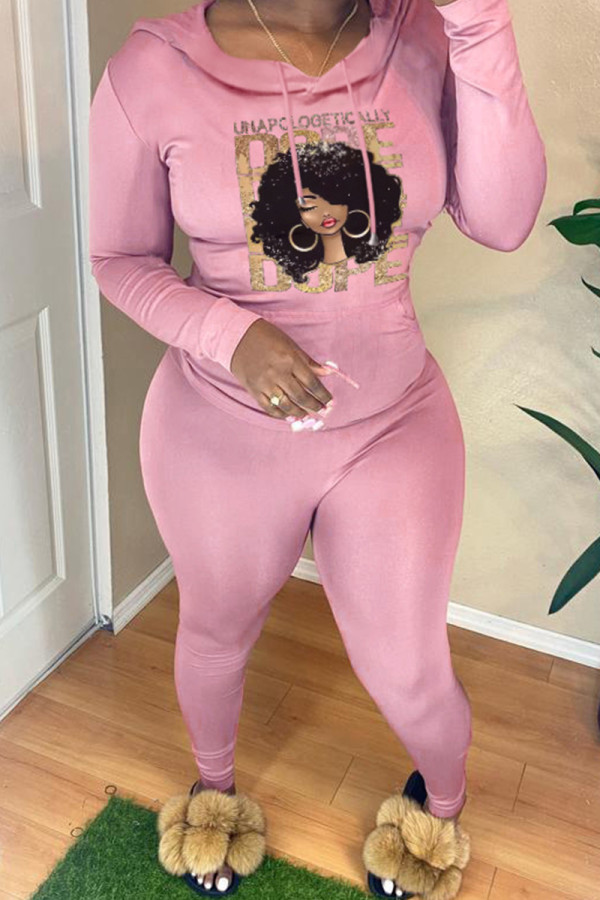 Pink Casual Print Basic Hooded Collar Long Sleeve Two Pieces
