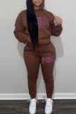 Coffee Casual Letter Print Basic Hooded Collar Long Sleeve Two Pieces