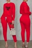 Rose Red Casual Print Fold Letter O Neck Long Sleeve Two Pieces