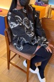 Black Casual Print Basic O Neck Long Sleeve Dresses