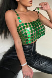 Green Sexy Patchwork Hollowed Out See-through Backless Square Collar Tops