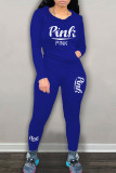 Deep Blue Casual Print Patchwork Hooded Collar Long Sleeve Two Pieces