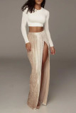 White Sexy Solid Patchwork Slit Fold High Waist Straight Solid Color Bottoms
