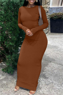 Brownness Casual Solid Basic O Neck Long Sleeve Dresses