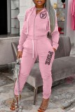 Coffee Casual Letter Print Patchwork Hooded Collar Long Sleeve Two Pieces