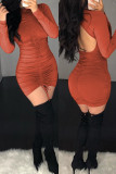 Tangerine Red Casual Solid Backless Fold O Neck Long Sleeve Dresses
