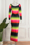 Colour Casual Gradual Change Print Patchwork V Neck Long Sleeve Dresses