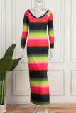 Colour Casual Gradual Change Print Patchwork V Neck Long Sleeve Dresses