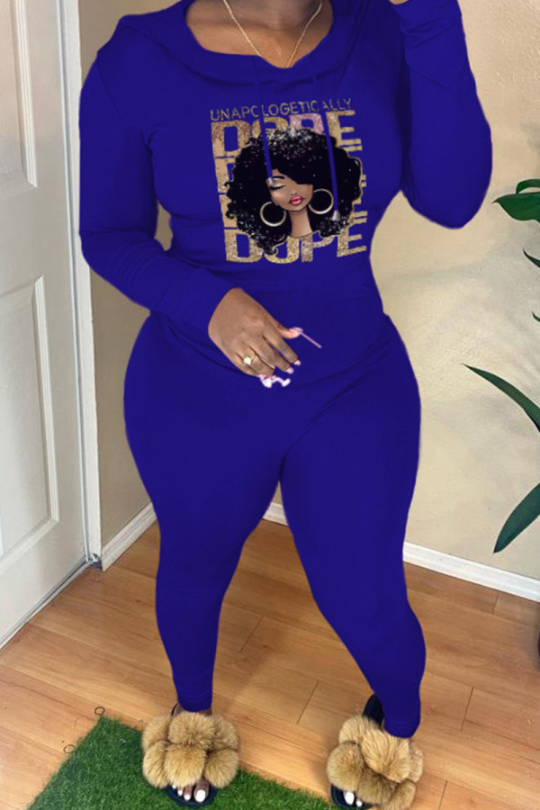 Blue Casual Print Basic Hooded Collar Long Sleeve Two Pieces