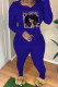 Blue Casual Print Basic Hooded Collar Long Sleeve Two Pieces