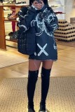 Black Casual Print Basic O Neck Long Sleeve Dresses
