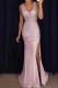 Pink Elegant Solid Sequins Patchwork Slit V Neck Evening Dress Dresses
