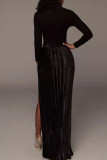 Black Sexy Solid Patchwork Slit Fold High Waist Straight Solid Color Bottoms