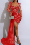 Red Sexy Patchwork Hot Drilling Hollowed Out Tear Square Collar Long Sleeve Dresses