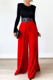 Red Casual Solid Patchwork Straight High Waist Straight Solid Color Bottoms