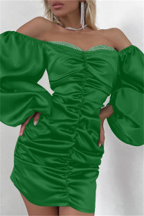 Green Sexy Solid Patchwork Backless Fold Off the Shoulder Long Sleeve Dresses