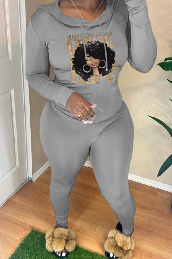 Grey Casual Print Basic Hooded Collar Long Sleeve Two Pieces