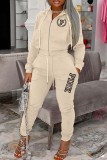 Coffee Casual Letter Print Patchwork Hooded Collar Long Sleeve Two Pieces
