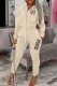 Apricot Casual Letter Print Patchwork Hooded Collar Long Sleeve Two Pieces