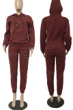Burgundy Casual Print Patchwork Hooded Collar Long Sleeve Two Pieces