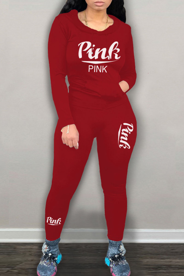 Red Casual Print Patchwork Hooded Collar Long Sleeve Two Pieces