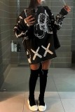 Black Casual Print Basic O Neck Long Sleeve Dresses