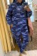 Blue Casual Camouflage Print Letter Hooded Collar Long Sleeve Two Pieces