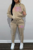 Coffee Casual Letter Print Basic Hooded Collar Long Sleeve Two Pieces