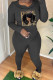 Black Casual Print Basic Hooded Collar Long Sleeve Two Pieces