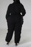 Black Casual Solid Patchwork Zipper Collar Plus Size Two Pieces