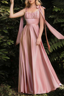 Pink Elegant Solid Bandage Patchwork Backless Fold Spaghetti Strap Evening Dress Dresses