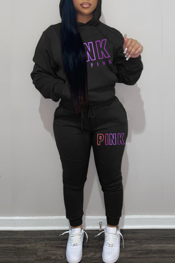 Black Casual Letter Print Basic Hooded Collar Long Sleeve Two Pieces