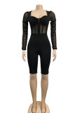 Black Sexy Solid Patchwork See-through Fold Zipper Square Collar Skinny Rompers