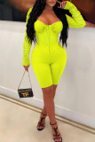 Fluorescent Green Sexy Solid Patchwork See-through Fold Zipper Square Collar Skinny Rompers