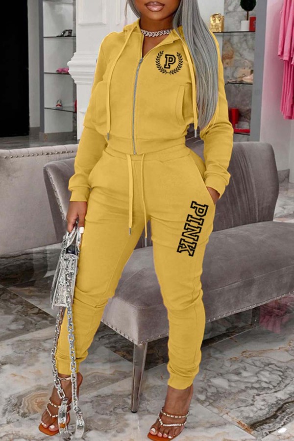 Yellow Casual Letter Print Patchwork Hooded Collar Long Sleeve Two Pieces