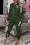 Coffee Casual Letter Print Patchwork Hooded Collar Long Sleeve Two Pieces