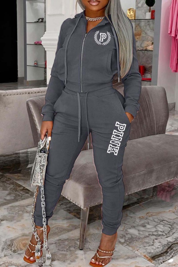 Grey Casual Letter Print Patchwork Hooded Collar Long Sleeve Two Pieces