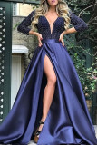 Deep Blue Elegant Solid Sequins Patchwork V Neck Evening Dress Dresses