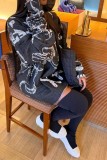 Black Casual Print Basic O Neck Long Sleeve Dresses