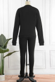 Coffee Casual Solid Patchwork O Neck Long Sleeve Two Pieces