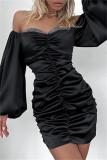 Black Sexy Solid Patchwork Backless Fold Off the Shoulder Long Sleeve Dresses