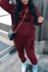 Burgundy Casual Print Letter Hooded Collar Long Sleeve Two Pieces
