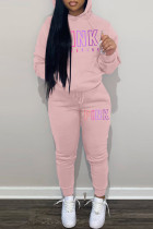 Pink Casual Letter Print Basic Hooded Collar Long Sleeve Two Pieces