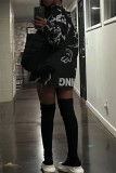 Black Casual Print Basic O Neck Long Sleeve Dresses